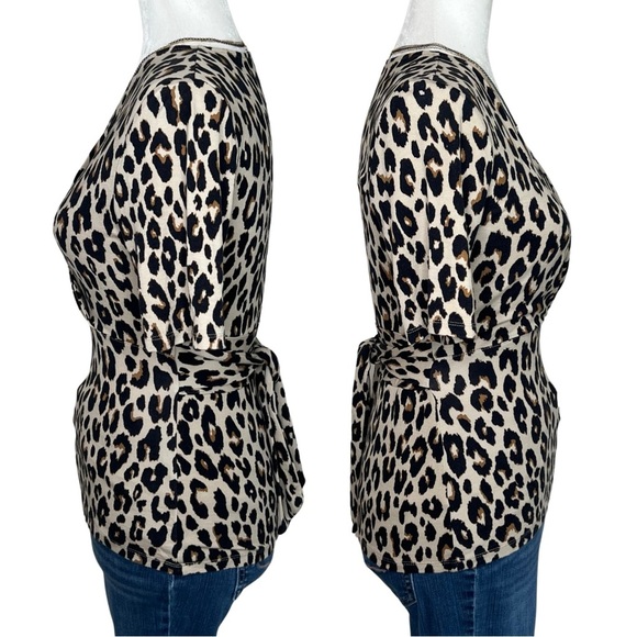 Ann Taylor Factory Faux Wrap Leopard Animal Print Belted Top Tan Black Brown XS - Picture 4 of 12